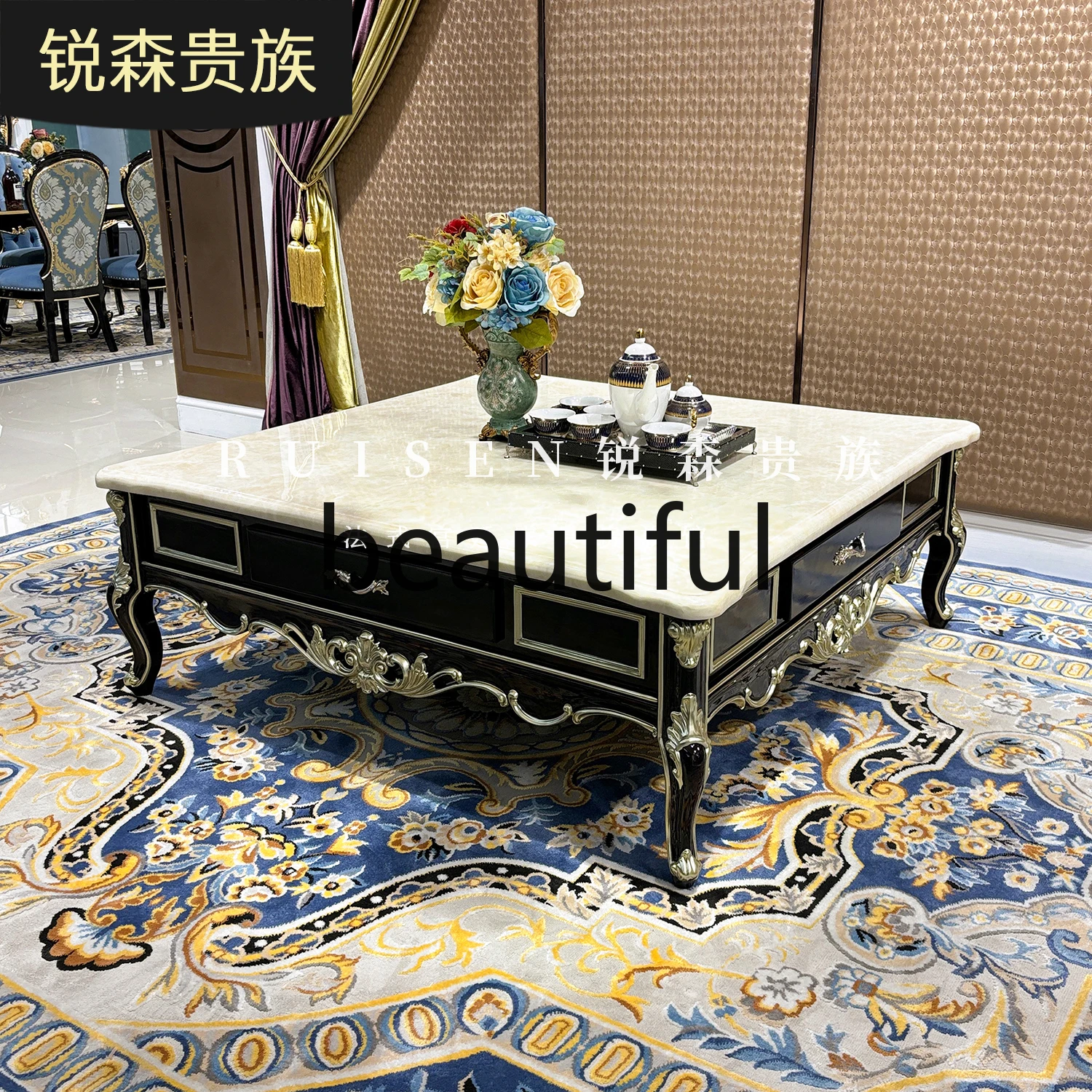 European style large coffee table solid wood square table palace luxury living room with drawers marble coffee table