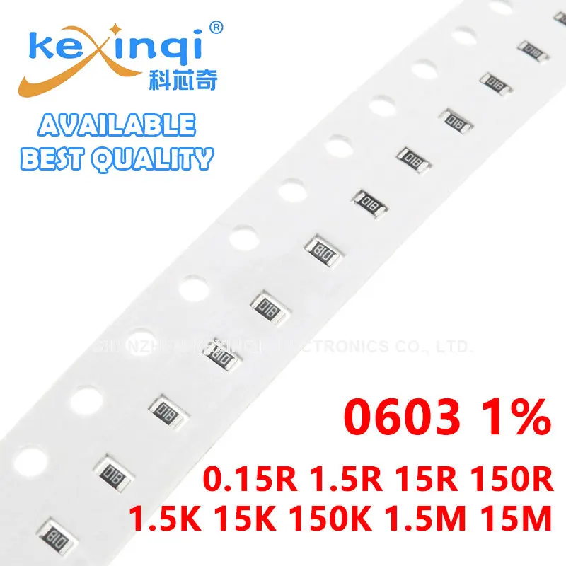 

100pcs/lot SMD 0603 Resistor 1% 1/10W resistance 0R Ohm 0.15R 1.5R 15R 150R 1.5K 15K 150K 1.5M 15M