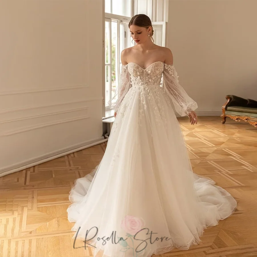 Sweetheart Neckline A-line Customized Wedding Dress Mesh 3D Flowers Lace 3/4 Sleeves Bridal Gown Zipper Illusion Robe de mariée