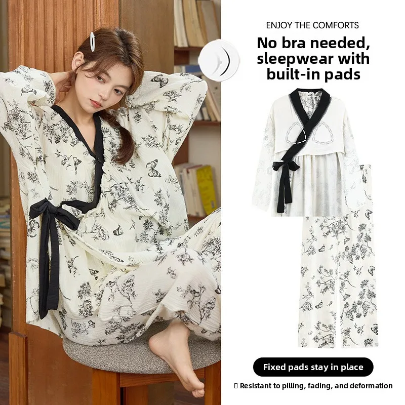 Cloud Cotton Sleepwear Women's Long Sleeve Home Clothes Set with Chest Pad V-Neck Polyester Fiber Print Design Autumn Winter
