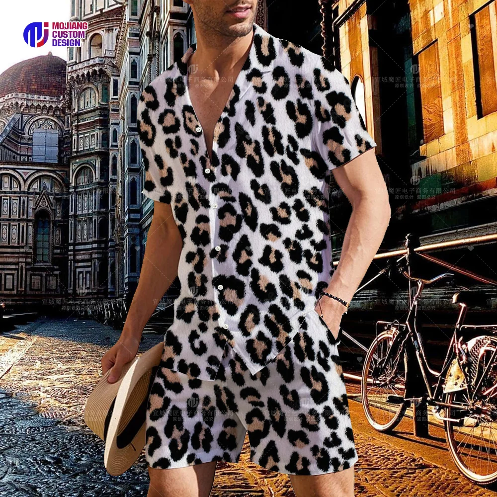 2023 Summer Men\'s Leopard Print Colorful 3D Lapel Shirt Button Short Sleeve + Shorts Set Men\'s Sports Hip Hop Set 2 Pieces