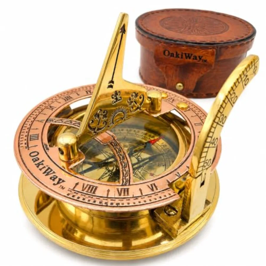 Brass Sundial Compass Leather Case - Nautical Gifts for Men, Antique Sailg Anniversary Gadget for Him, Unusual Unique Nautical