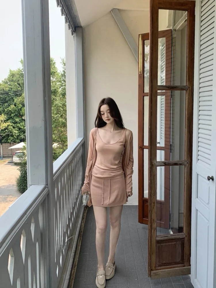 

Cinnamon Colored Rayon Linen Blend Knitted Cardigan Women's Set Vest Midi Skirt Three Piece Set Summer Anti Aging Set