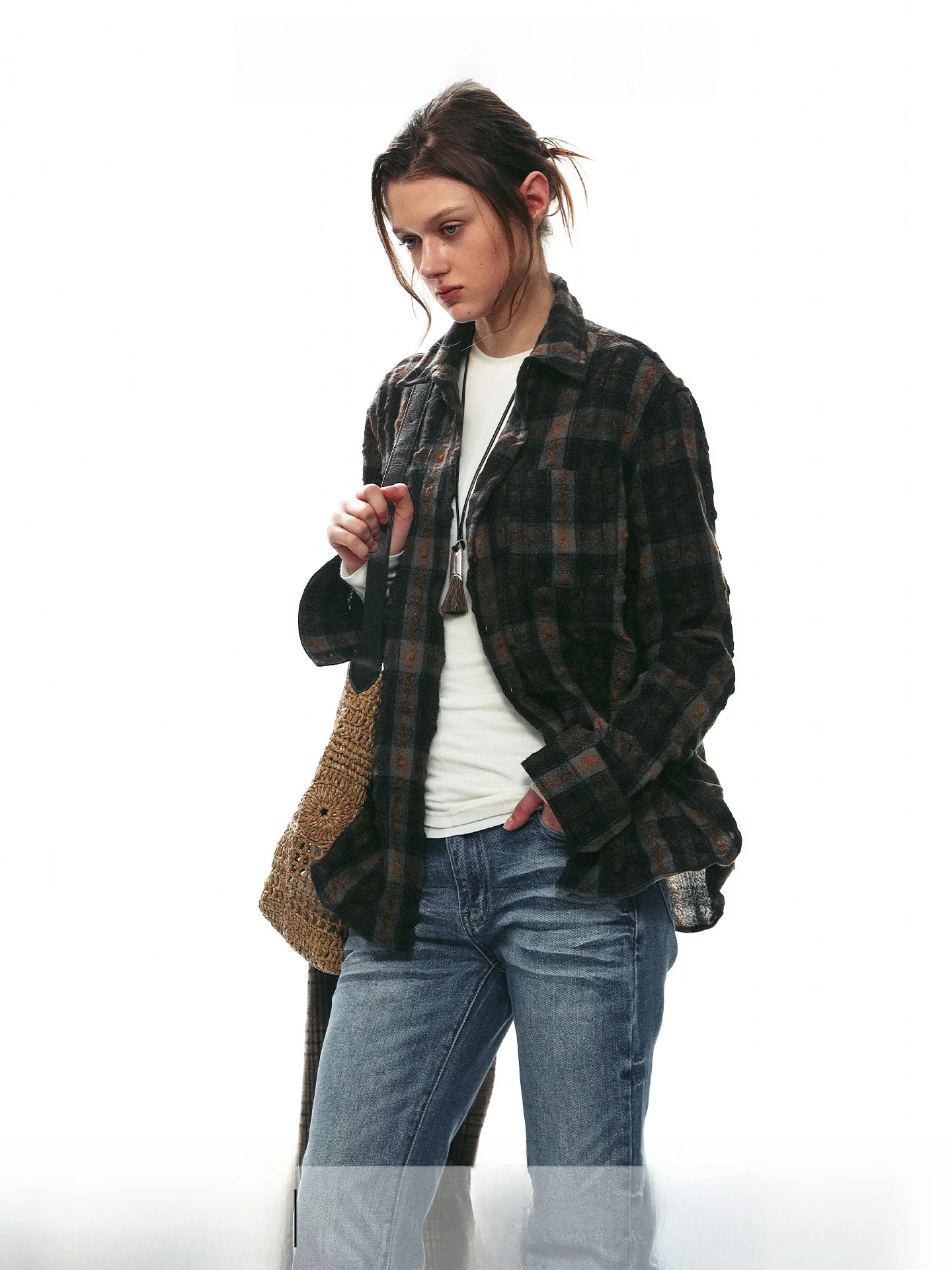 Retro Texture Woven Long Sleeve Shirt Women's Loose Fit Checkered Pattern Commute Friendly Single Moment 26AW Collection