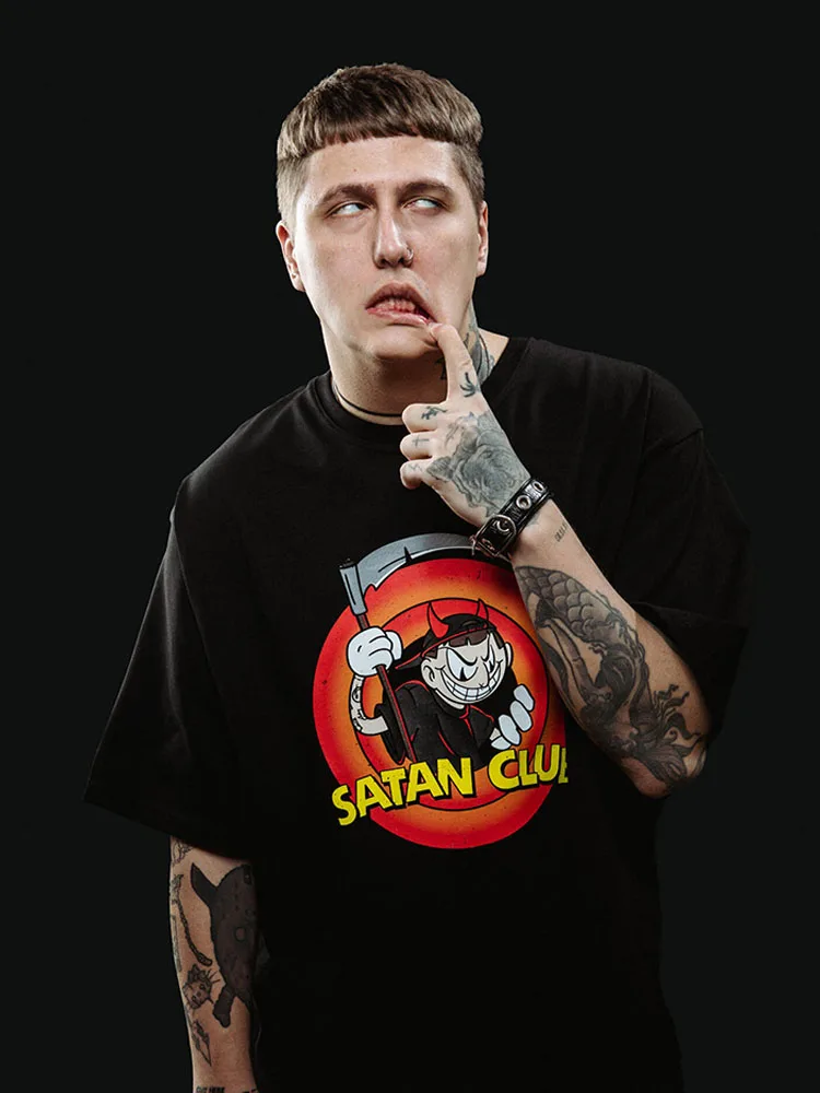 Men Tshirt Satan Club Printed Cotton Oversized Tees Tops Harajuku Vintage Korean Fashion Y2k Streetwear Graphic Unisex Clothing