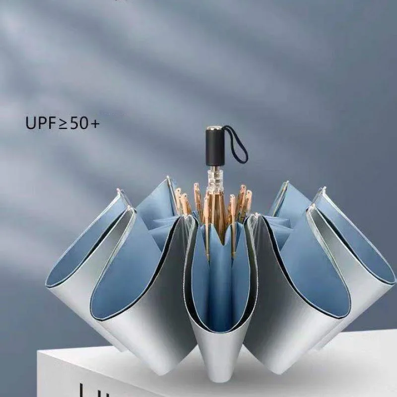 Double Layer Titanium Silver Sun Umbrella UPF50+ Anti-UV 3 Fold Parasol Windproof Waterproof Dual Use Travel Outdoor