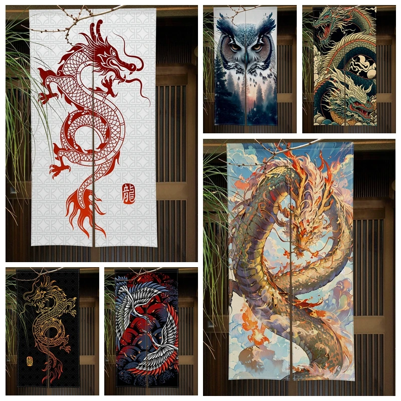 Chinese Dragon Painting Door Curtain Panel Traditional Crane Owl Japanese Style Doorway Curtain Entrance Hanging Half-Curtain