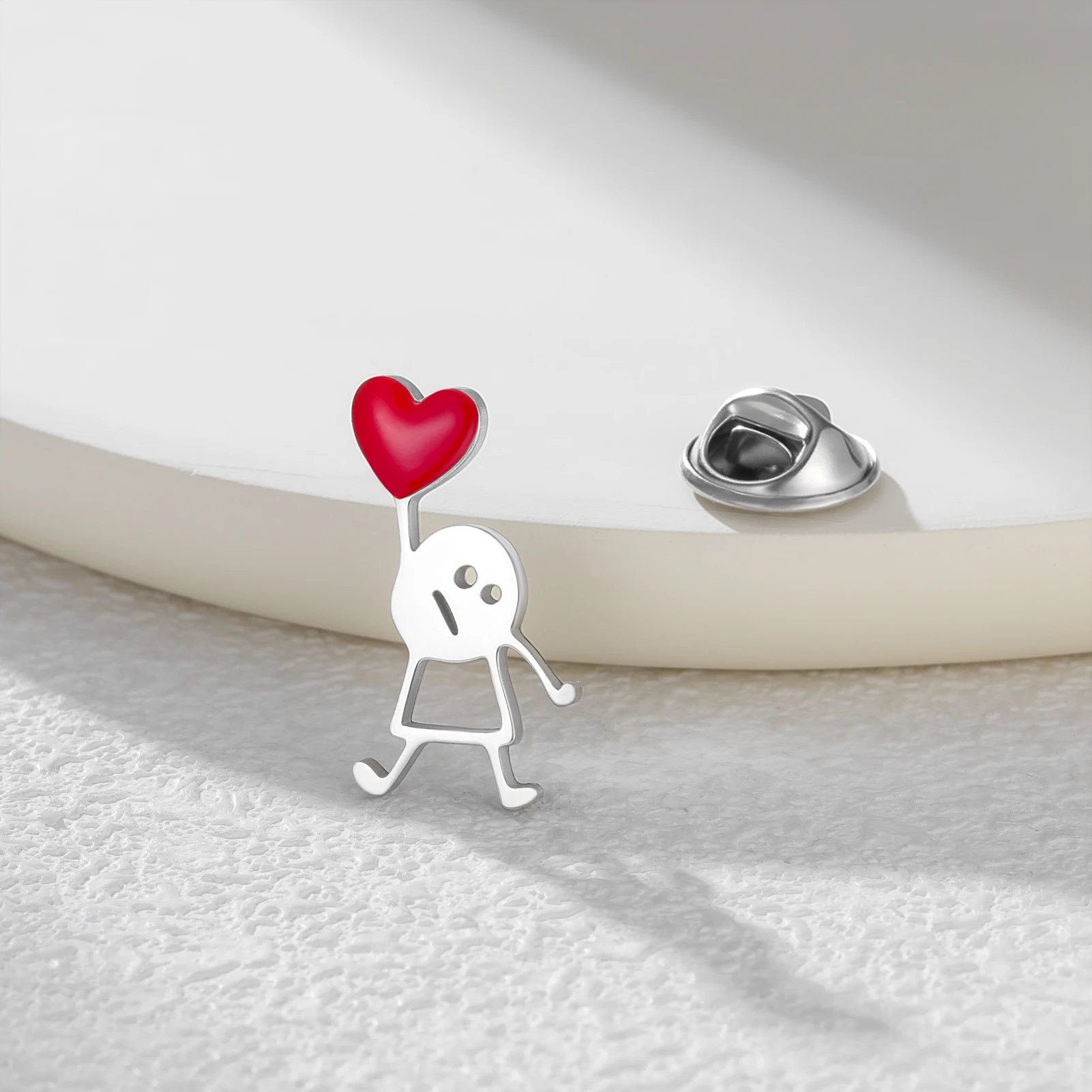 Romantic Sincere Love Brooch Stickman Holding Red Heart Enamel Pin Hand Over Heart Lapel Badge Valentine Gift For Women Men