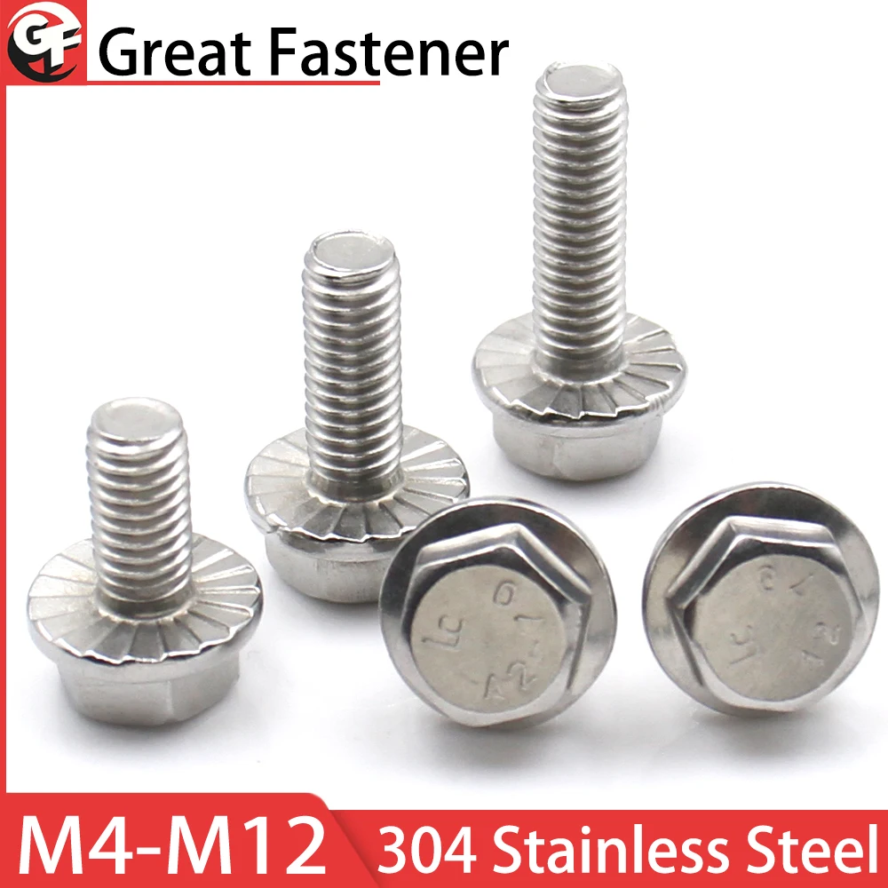 2-10PCS 304 Stainless Steel External Hex Flange Serrated Screw Hardware Fastener For Industrial M4 M5 M6 M8 M10 M12
