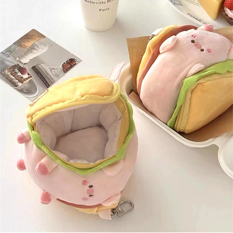 1Pcs Cute Sandwich Pig Coin Purse Adorable Plush Animal Pendant Keyrings Headphones/Coins Organizing Bags Girls Like Fun Gifts