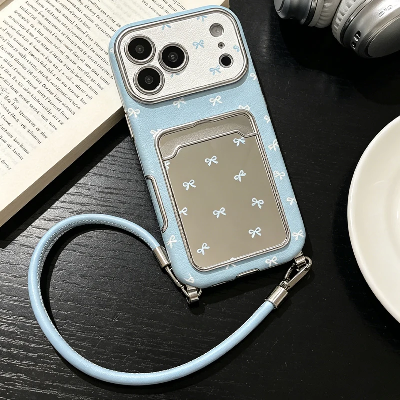 Cute Bow Mirror Card Holder Phone Case For IPhone17 16 15 14 13 Pro Max, Blue Ribbon Wallet Card Slot Case With Wrist Strap, view 5