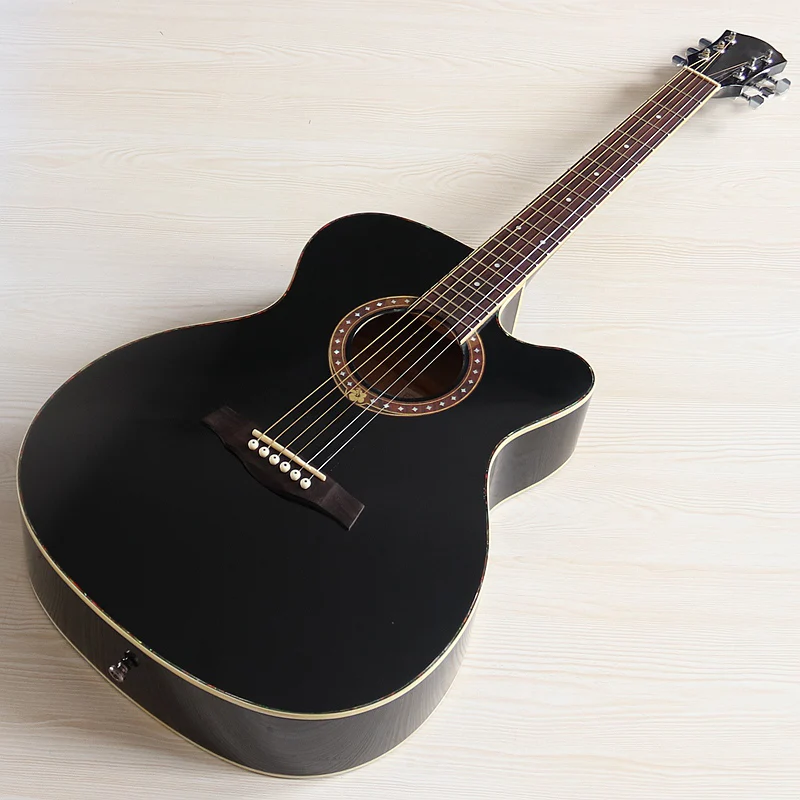 Stock Black Acoustic Guitar 6 String Laminated SpruceTop Basswood Body Cutaway Design High Glossy Folk Guitar with Flaw Natural