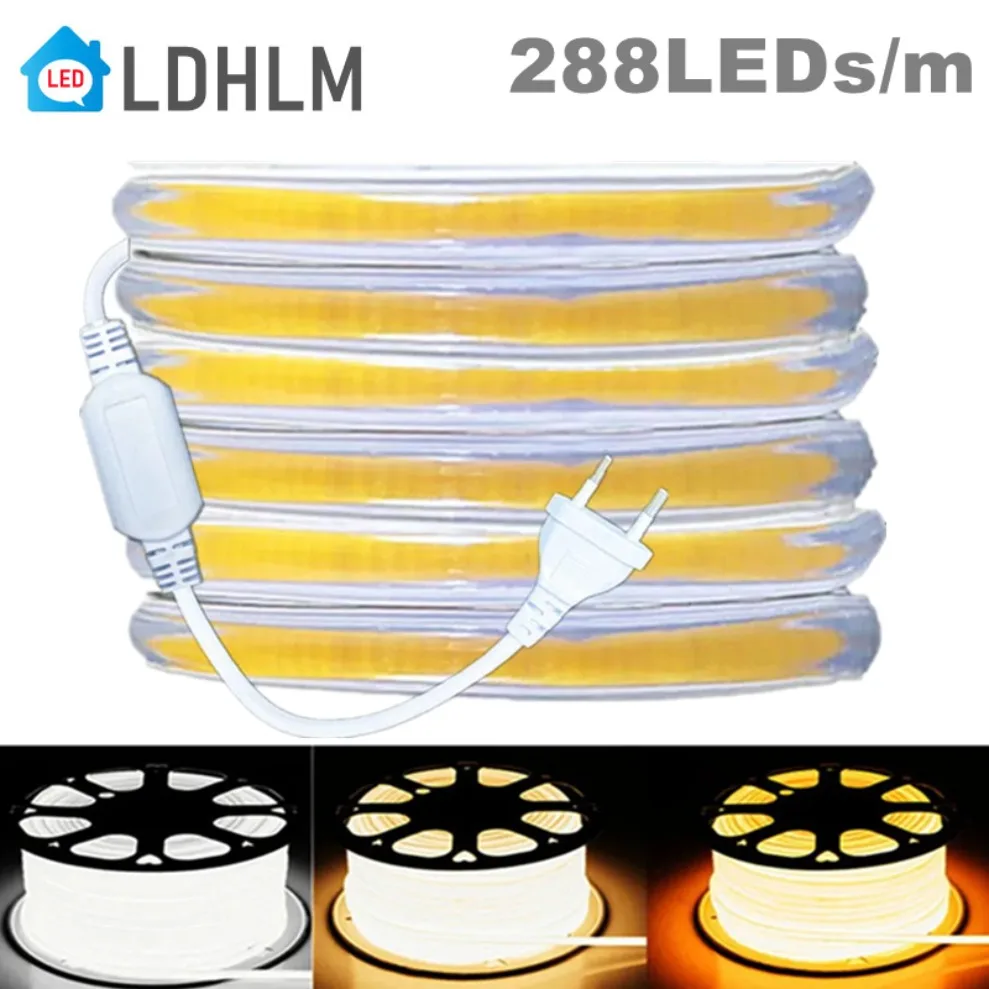 

220V COB LED Strip Light EU Power Plug IP67 Buckle fixation LED Ribbon Tape Flexible COB Linear Light Bar 3000K 4500K 6000K