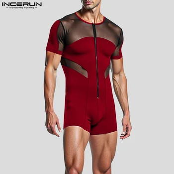 INCERUN Uomini Maglia Splicing O-Collo Elegante Budysuits 2024 Manica Corta Cerniera Pactchwork Semplice Onesies Comodo Homewear