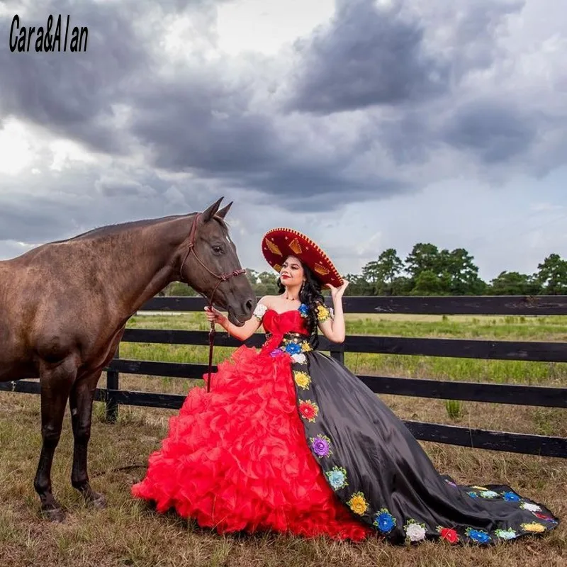 Cara & Alan-Vestido De quinceañera con apliques florales en 3D, traje De fiesta De graduación De 15 Años, para chicas De 16 Años, color negro y rojo