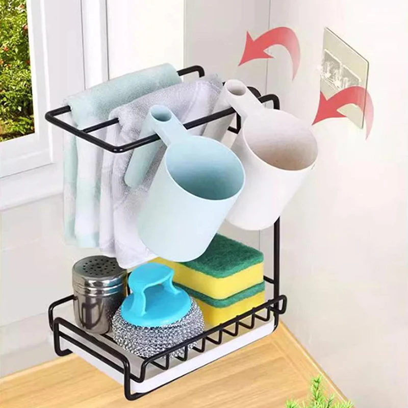 Kitchen Dishcloth Storage Rack Space-Saving Sink Sponge Drainage Rack Wall Mounted With Removable Drip Tray