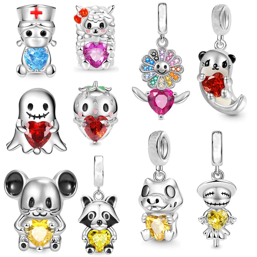 Hot Sale Strawberry,Mouse,Raccoon,Otter Embraces Heart Gem Dangle Charm Jewelry Beads Fit Original European Silver 925 Bracelet