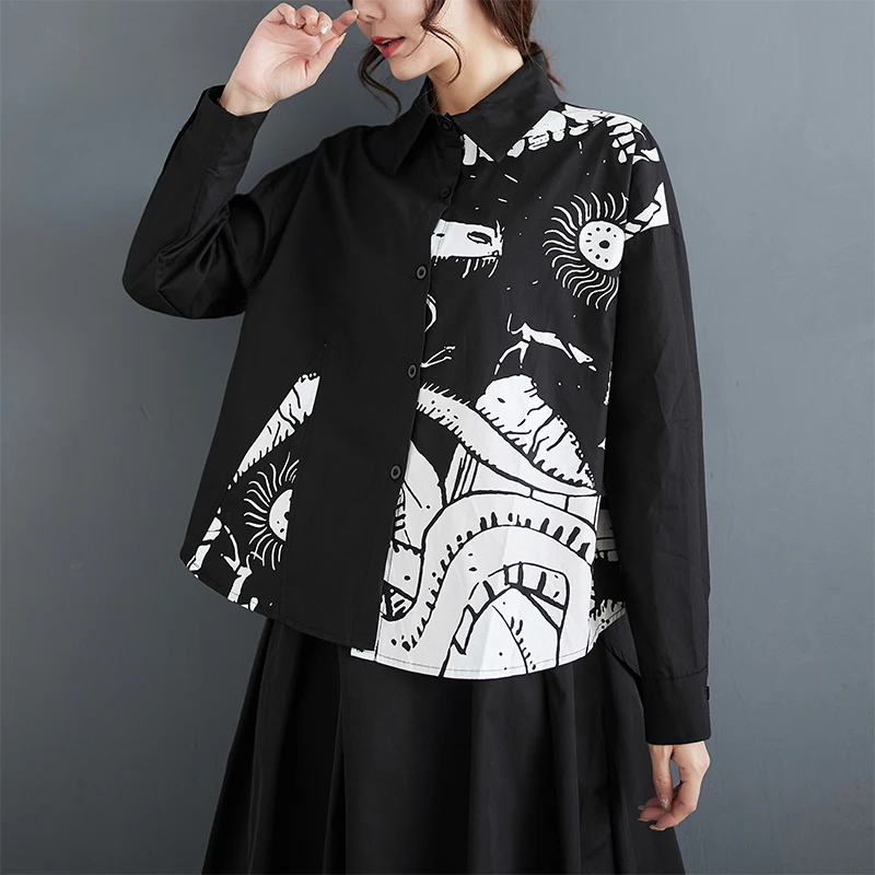 Spring Summer New Sle Pure Color Printed Long Sve Loose Women's irt Patchwork Design Slimming Large Size Casual  C...