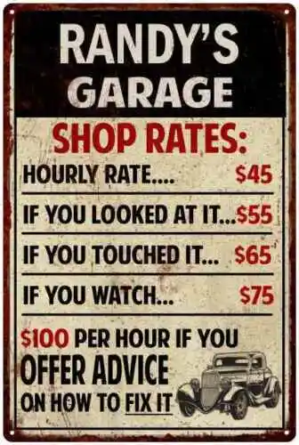 RANDY'S Garage Shop Rates Sign Man Cave Décor  Gift Metal 112180010081