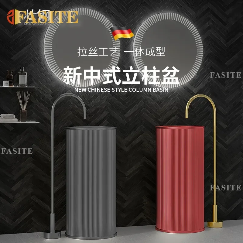 Round Tube Creative Stainless Steel Column Basin Bathroom Integrated Floor Standing Washbasin Pedestal Sink for Modern