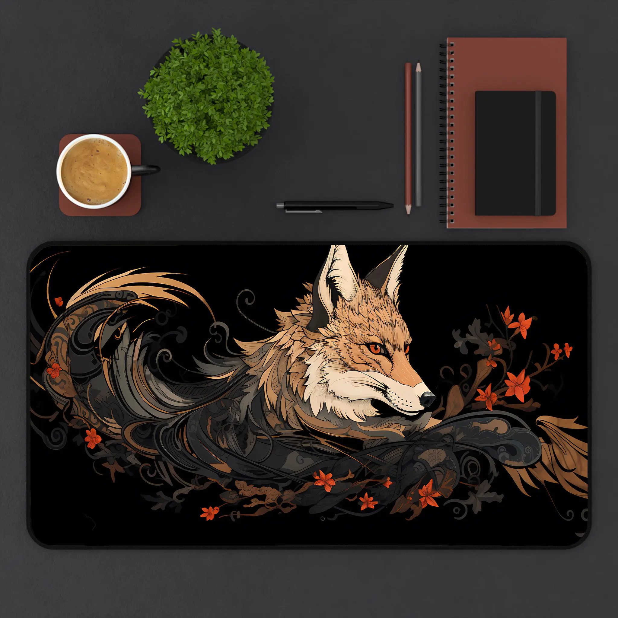 Fox Pattern Japanese-style Mousepad,black and White Color Scheme,Japanese Aesthetic Gaming Deskmat,the Perfect Gift for A Friend