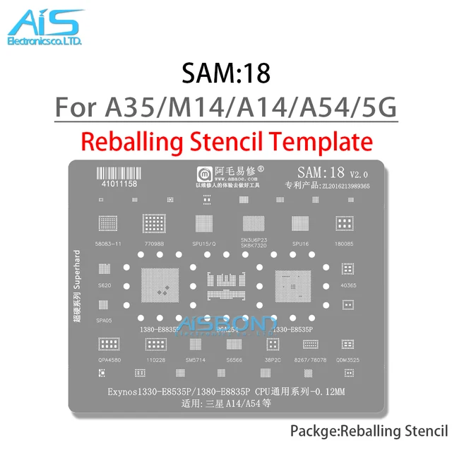 SAM18 BGA Stencil Reballing dla Samsung A35 M14 5G A14 A54 CPU RAM Exynos 1330 1380 E8835P E8535P SPU15Q SPU16 58083-11 77098B