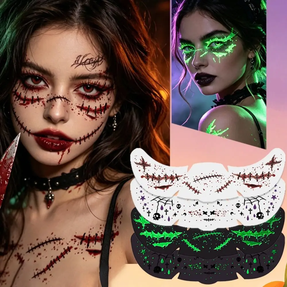Luminous Face Bloodstain Tattoo Sticker Halloween Water Transfer Printing Simulated Makeup Sticker DIY Skull Ghost Hand  Sticker