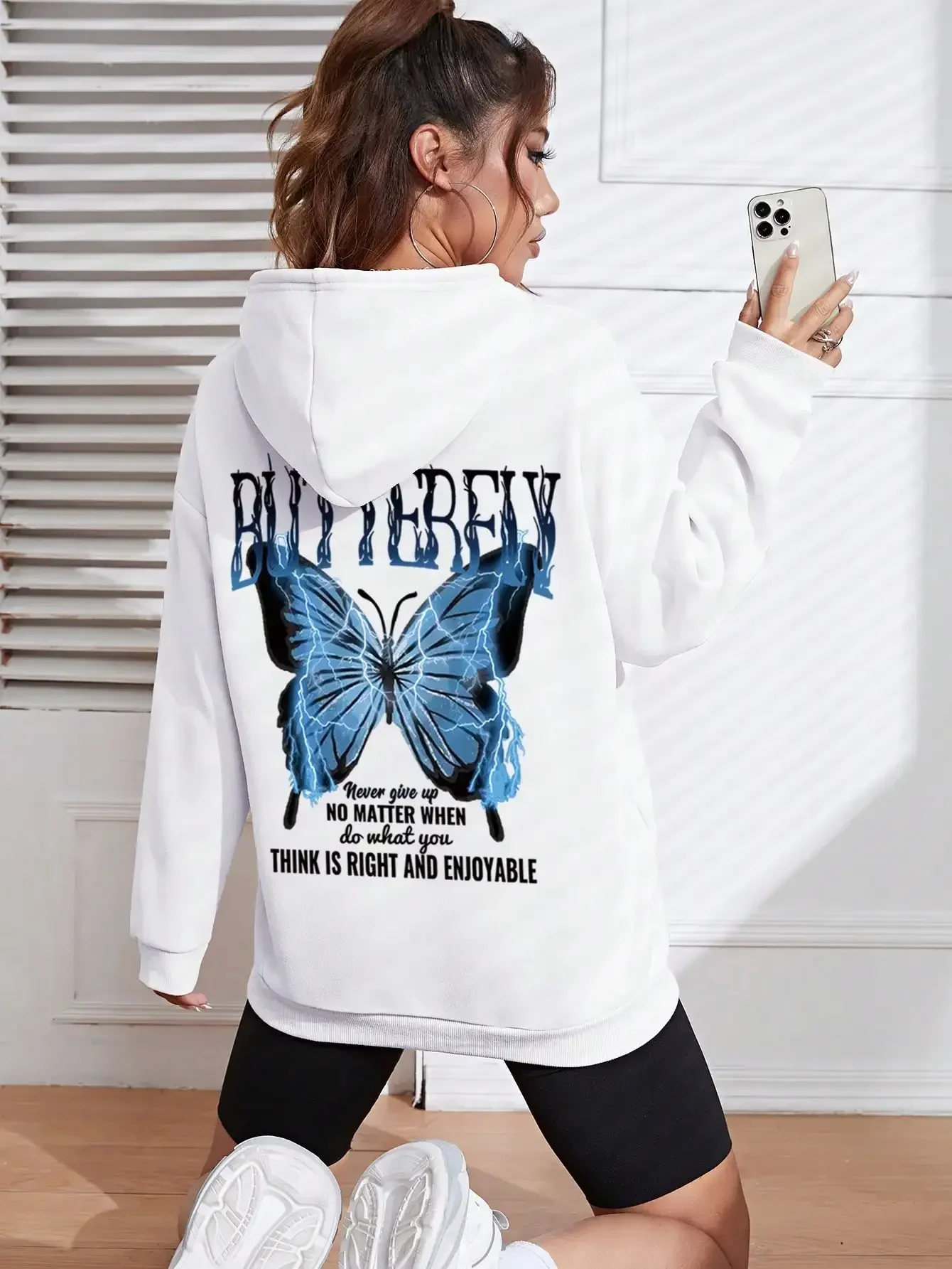 Blue Lightning Butterfly Printed Female Hoodies Hip Hop Street Casual Fashion Hoodie Loose New Sweatshirts Women Fleece Clothing