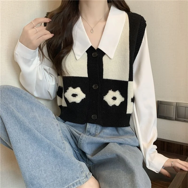 Women Spring Autumn Chic Floral Patchwork Sweater Shirt Tank Dress Set Korean Lady Graceful Knit Tops Sleeveless Dress Outfits