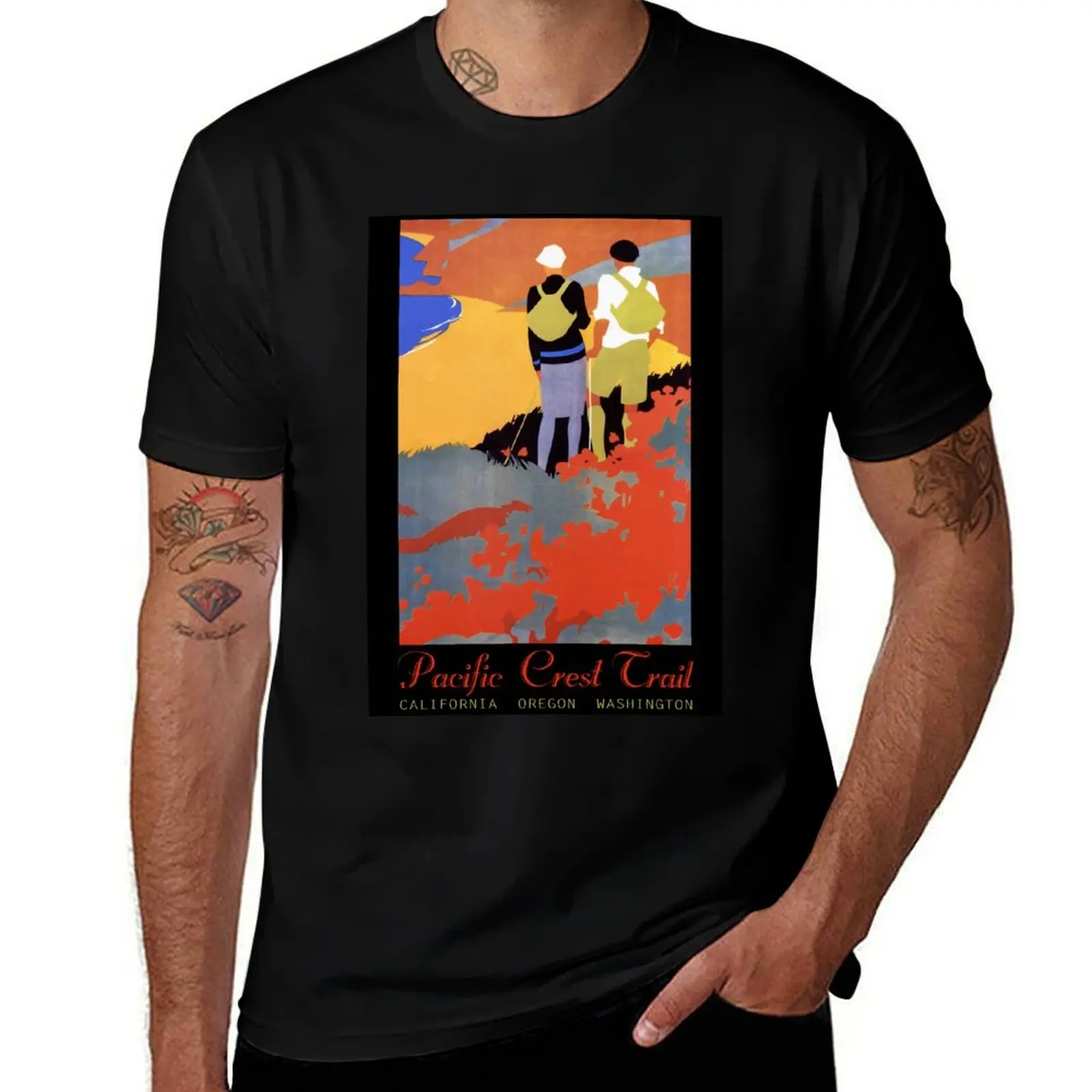 Art Deco Pacific Crest Trail hiking vintage travel poster T-Shirt Work Basic Short Sleeve Top T-Shirt