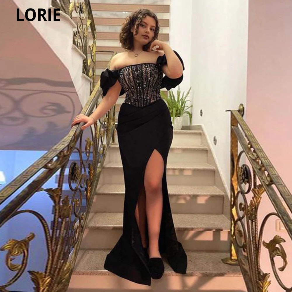 

LORIE Fashion Satin Evening Dress Black Mermaid Leg Slit Beadings Prom Gowns Short Sleeves Formal Party Dress Robes De Soirée