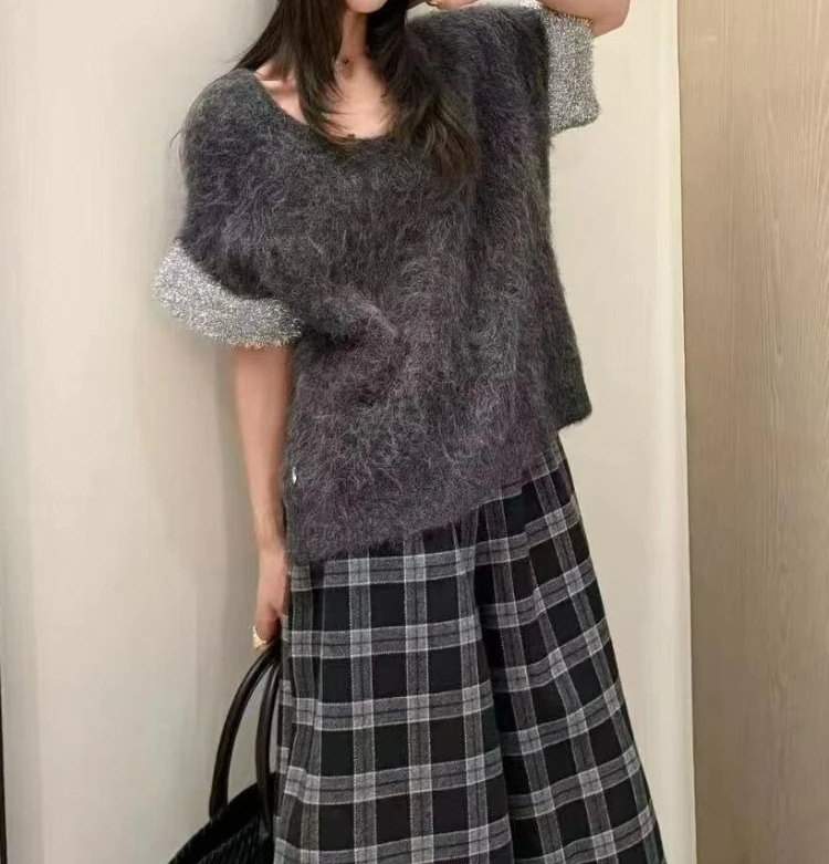 Fluffy Short-sleeved Knitted Top High-end Retro Stacked Wear and 2025 Autumn and Winter Sweater