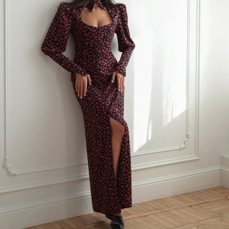 Fashion Printing Hollow-out Dresses Women Long Sleeves Pullover Slit Long Skirt New Fall 2026 High Waist Slim Knee-length Dress