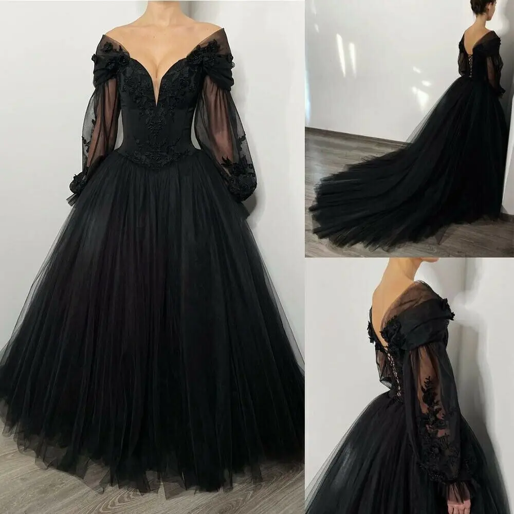 ANGELSBRIDEP-Vestido de casamento gótico preto com trem, manga longa, gola em V profunda sexy, vestido de noiva com trem, tamanho grande