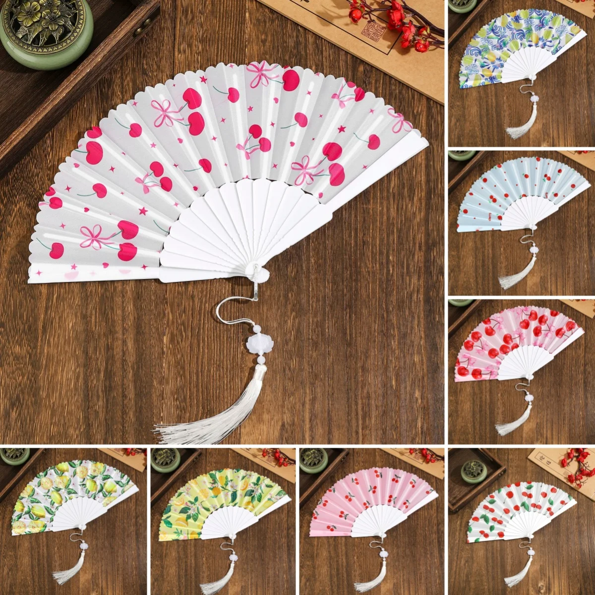 Summer Folding Hand Fan Fruit Pattern Cherry Lemon Portable Plastic Frame Fabric Tassel Fans Cooling Handheld Fan Home Women