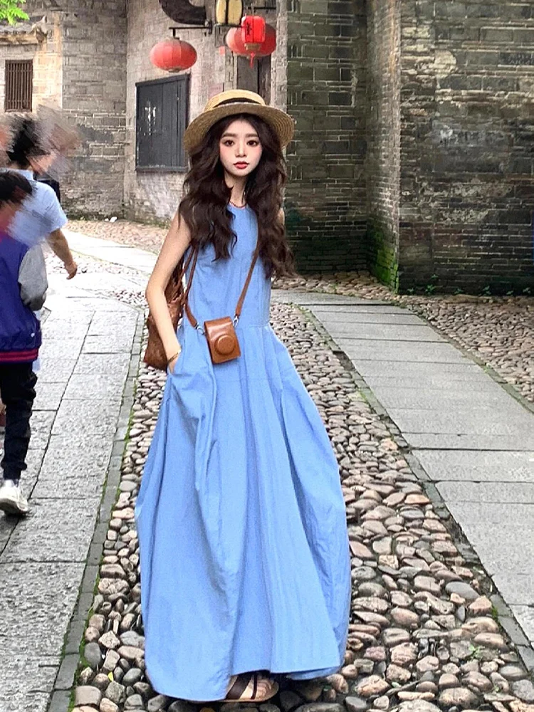 

XZY Ele Blue Vest Dr Women's Summer Beautiful Holiday Long Dr Casual Sle Loose Fit A-Line Skirt Polyester Fiber