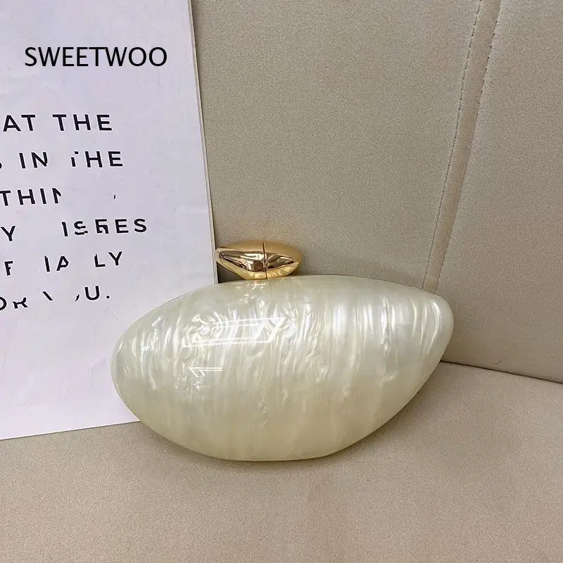 Marble Pattern Shell Shaped Acrylic Evening Clutch Bag with Gold Tone Lock for Party and Wedding
