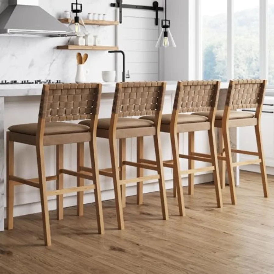 

Cohen Mid-Century Modern 29 дюймов. Деревянный барный стул с обивкой из искусственной кожи, высокий барный стул с каркасом из массива дерева, натуральный коричневый цвет
