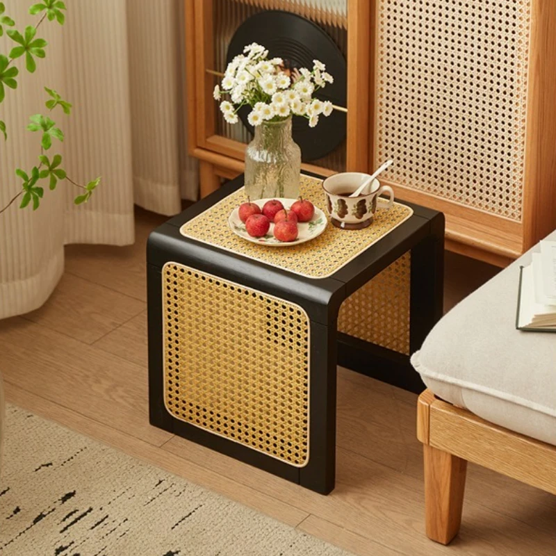 

Vintage Rattan Sofa Side Table Retro Bedside Cabinet Entryway Stool for Shoe Changing Ottoman Storage Furniture