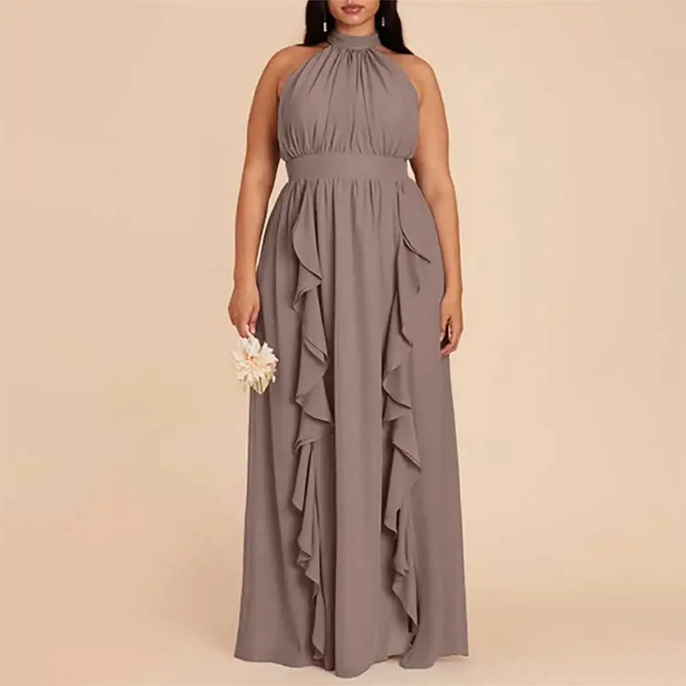 แม่ของชุดเจ้าสาว Halter Ruffled Belted Backless Side Slit ชุดราตรี Elegant Party Dress ชุดเจ้าสาวงานแต่งงาน