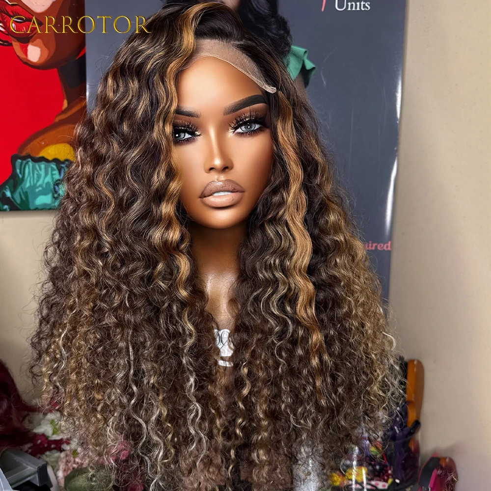 Honey Blonde Curly Ombre 4 27 Color Wig 250 Density 44 Transparent Lace 100% Human Hair Glueless Wigs Pre-Plucked Ready to Wear