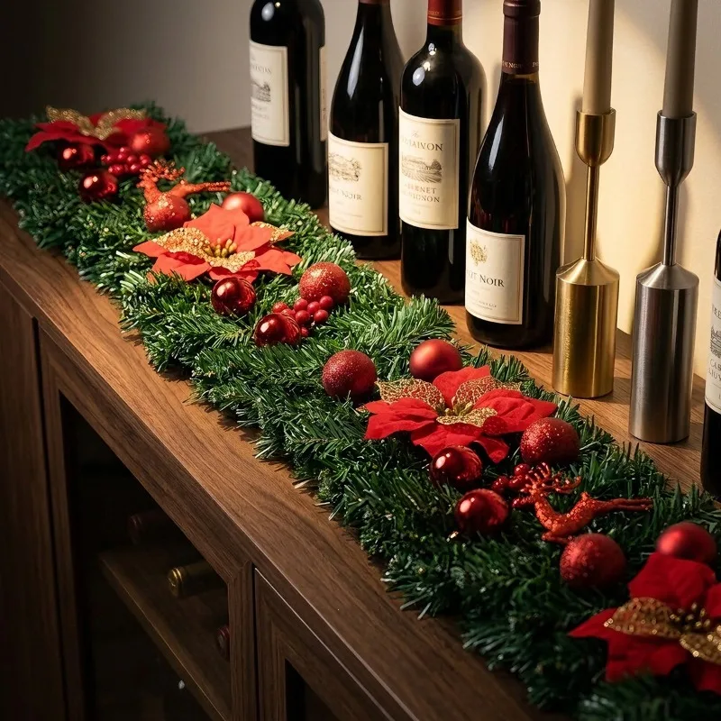 1 Set Christmas Garland Red Berry with Lights Artificial Pine Garland Holiday Winter Table Runner for Stair Fireplace Decoration