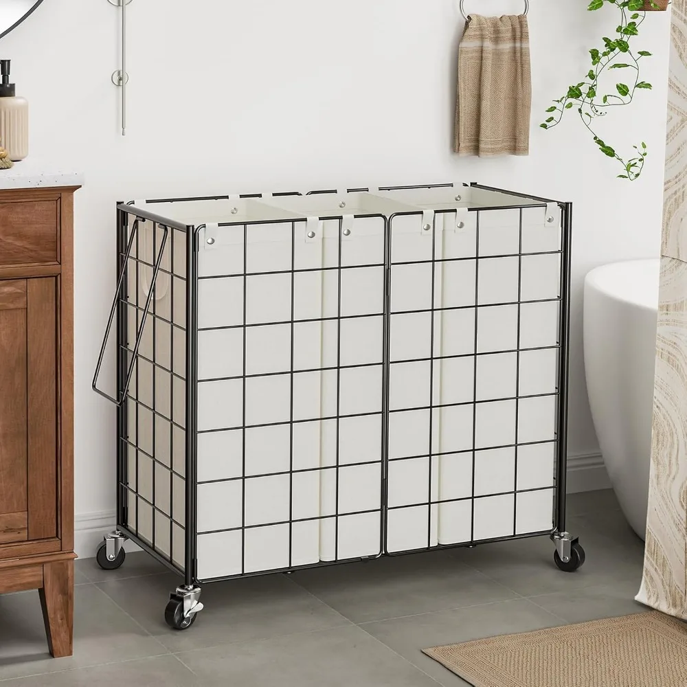 Rolling Metal Wire Laundry Hamper with 3 Removable Bags, 150L Capacity for Dirty Clothes Storage Solutions