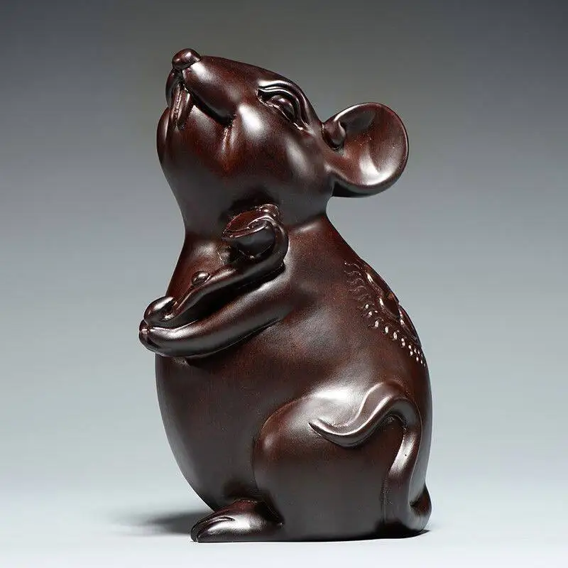 Ebony wood carving mouse ornament solid twelve zodiac wooden home living room office desktop decoration crafts