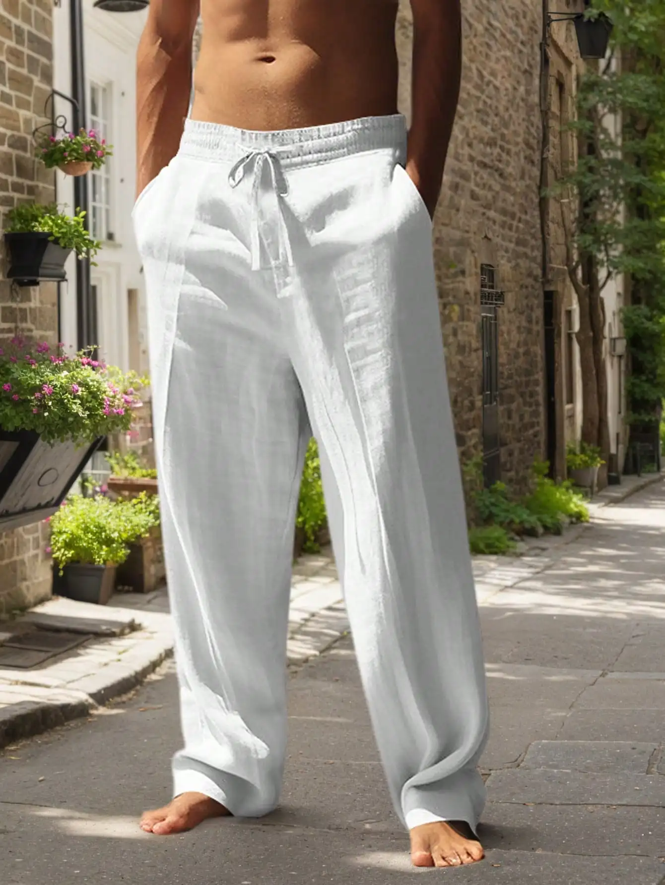 

Men's White Linen Loose Fit Casual Wide-Leg Pants for Spring Summer