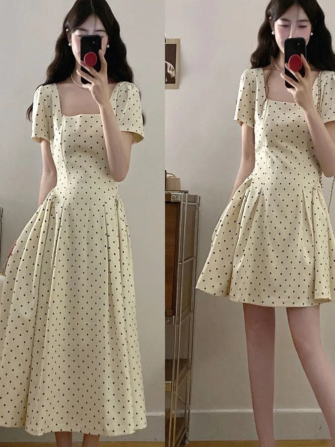 

Sweet Polka Dot Knot ort Sve Dr Women's Summer New Age Reduction Belly Covering Long Dr Large Size