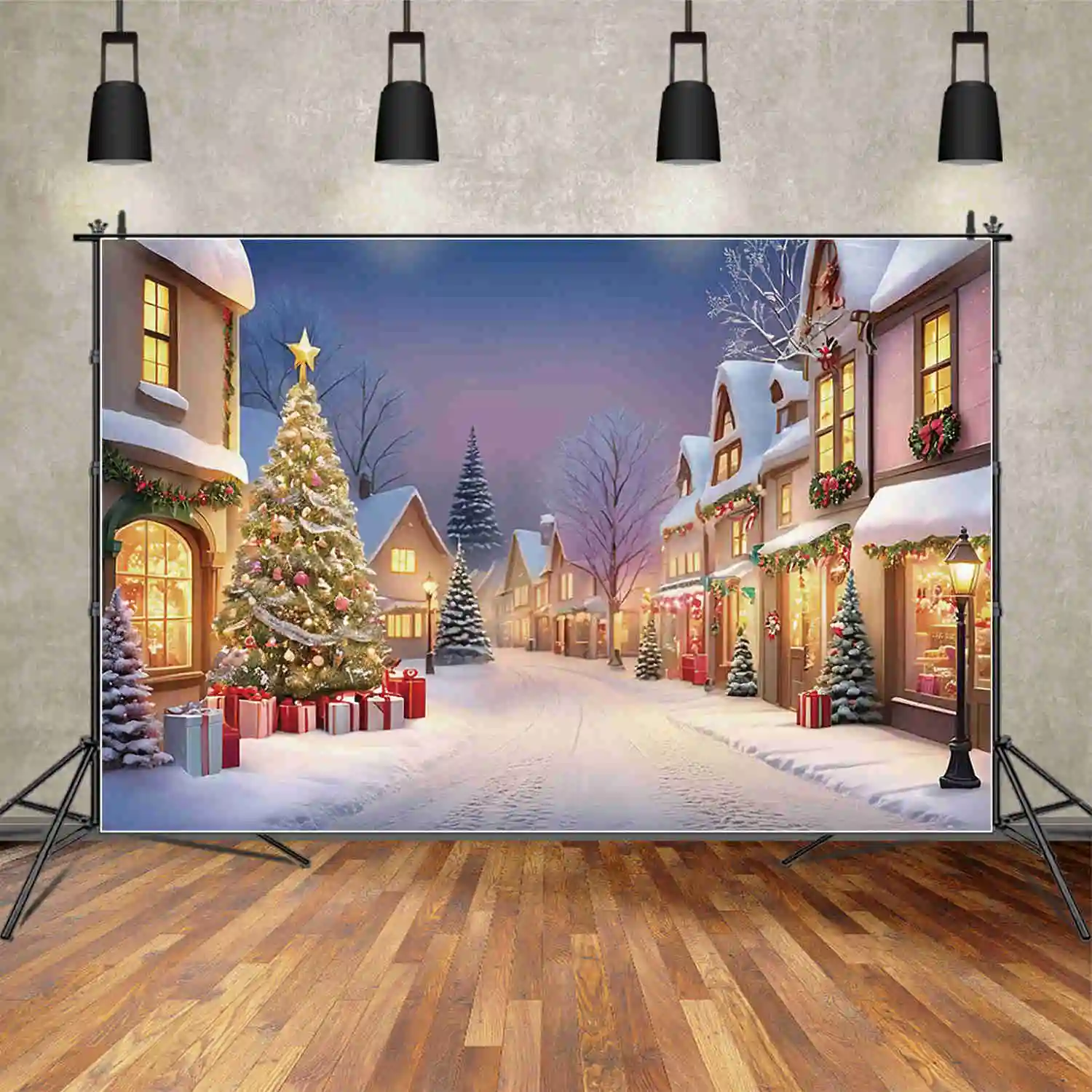 MOON.QG 2024 Merry Christmas Village Backdrop Trees Gifts 2025 New Year Decoration Photography Background Photozone Studio Props