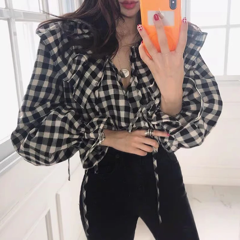 Elegancki, wczesnojesienny, vintage'owy design, dekolt w serek, pasek, luźny, uniwersalny, dwuwarstwowa koronka, długi rękaw, krata, spódnica, styl koreański, do pracy.