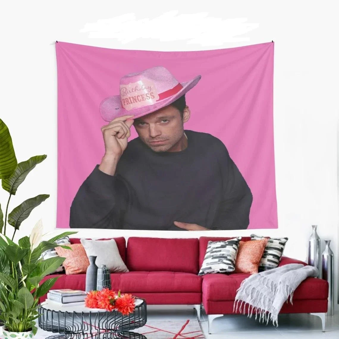 Yes Haw Sebastian Stan With Pink Birthday Princess Cowboy Hat Tapestry Wall Hanging Funny Meme Tapestries Dorm Decor Bedroom