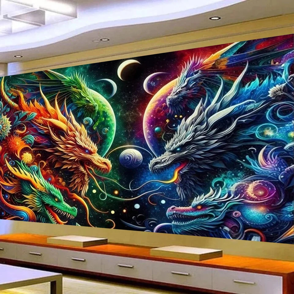 Vibrant And Surreal Landscape Space Rival Dragon DIY 5D Diamond Painting Mosaic Embroidery Cross Stitch Kits For Home Decor Gift